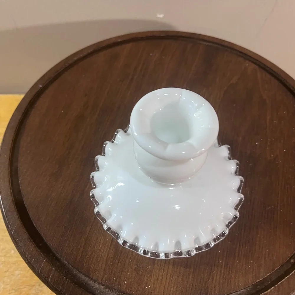 Vtg Fenton Milk Glass Silver Crest Ruffled Edge Candlestick Holder White